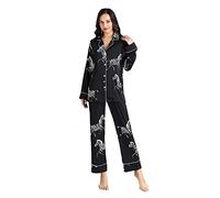 Womens Animal Pyjamas Set Silk Satin Pajamas Pj Sets Fashion Zebra Print Nightwear Button-Down Long Sleeve Sleepwear Loungewear for All Seasons,Black,Xl