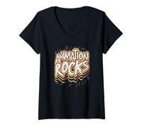 Womens Animation Rocks Comic Style Artistic Creatives Graphic V-Neck T-Shirt