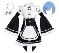 Women's Anime Cosplay Costume for Rem Ram Re Zero Dress Outfit Maid Uniform Full Set With Wig Headwear Halloween Party (Blue,M)