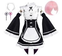 Women's Anime Cosplay Costume for Rem Ram Re Zero Dress Outfit Maid Uniform Full Set With Wig Headwear Halloween Party (Pink,3XL)