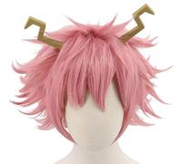 Women's Anime Cosplay Wig for Ashido Mina Short Hair with 2 Horns Wigs Halloween Role Play Party
