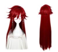 Women's Anime Cosplay Wigs for Grell Sutcliff Red Long Straight Fashion Wig with Glasses for Halloween Party Costume