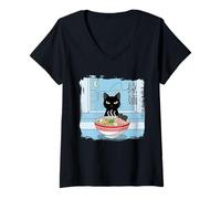 Women's Anime Manga Ramen Cats Vintage Retro Style V-Neck T-Shirt