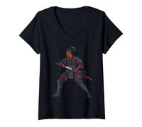 Women's Anime Samurai Woman Katana Fighter Black Girl African V-Neck T-Shirt