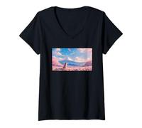 Women's Anime Shiba Inu Under Sakura Tree with Mount Fuji V-Neck T-Shirt