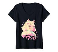 Womens Anime Waifu Cute Anime Manga Cat Girl Sweet Retro Japan V-Neck T-Shirt