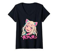 Womens Anime Waifu Cute Anime Manga Cat Girl Sweet Retro Japan V-Neck T-Shirt