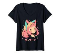 Womens Anime Waifu Cute Anime Manga Cat Girl Sweet Retro Japan V-Neck T-Shirt