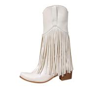 Womens Ankle Bootie,Womens Cowboy Knee High Boots Comfortable Rivet Tassels Pull On Side Zipper Chunky Heel Western Cowgirl Boots Retro Tall Boot for Theme Party Country Concert CMK26 White