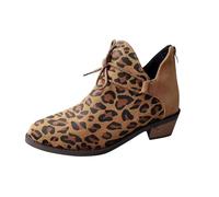 Women's Ankle Boots Clearance - Winter Leopard-Print Splicing Thick Heel Low Heel Leather Non-Slip Comfortable Walking Shoes UK Size 3.5-7.5