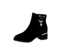 Womens Ankle Boots Comfortable Wide Fit Walking Boots Rhinestone Side Zipper Chunky Block Heel Stylish Classic Short for Adults Zip-up Shoes