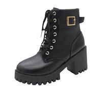 Women's Ankle Boots, Decorative Buckle, Platform, Chunky Round Toe, Gothic Style, Faux Leather Boots, British Style, Autumn and Winter Boots, Black, 2 UK