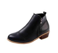 Womens Ankle Boots, Double Side Zippers Short Shoes Low Block Heel Office Boots Elegant Faux Leather Footwear Round Toe British Solid Color Dress Boot Ladies Wide Fit Classic Wedding Booties