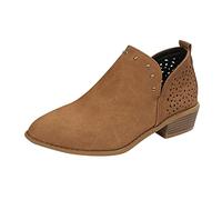 Women's Ankle Boots Fashion Pointed Toe Studded Low Heel Short Boots Hollow Carved Design Comfortable Casual Winter Footwear (Brown, 4.5)