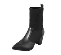 Women's Ankle Boots Fashion Retro Leather Knitted Panel Pointed Toe Thick Heel Stylish Comfortable Short Boots for Ladies (Black, 4)