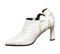 Women's Ankle Boots Fashionable Pointed Toe Retro Heel Floral Decoration Zippered Shoes Stylish Slim Fit Comfortable Footwear (White, 3.5)