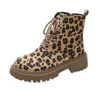 Womens Ankle Boots Lace Up Leopard Print Boots Casual PU-Leather Side Zipper Non Slip Lightweight Zip Up Waterproof Slip on Indoor Outdoor Shoes Women Fall Winter Boots (Brown, 4)