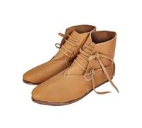 Women's Ankle Boots Lace-Up Medieval Style Flat Black | black synthetic leather upper, lace-up front closure, flat sole, pointed toe, historical costume footwear
