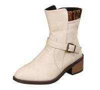Womens Ankle Boots Ladies Knit Collar Booties Buckle Block Heel Footwear | Stacked Crossover Strap Autumn Winter Shoes Round Toe Casual Outdoor Walking Daily Wear Vintage Style