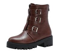 Women's Ankle Boots Leather Boots Large Large Winter Boots with Buckles Dark Outsole Platform Leather Shoes Chunky Heel Women's Boots Round Toe Boots Combat Boots Combat Boots Slip On Boots, Wine Red