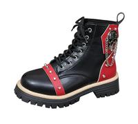 Womens Ankle Boots Leather Gothic Punk Skull Chain Studded Combat Booties