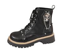Womens Ankle Boots Leather Gothic Punk Skull Chain Studded Combat Booties | Chunky Lug Sole Lace Up Design Heavy Duty Walking Shoes Autumn Winter Outdoor
