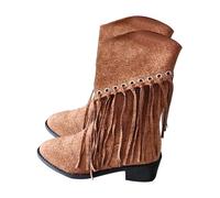 Women's Ankle Boots Leather Square Heel Western Boots Country Fringe Suede Ankle Boot Solid Color Vintage 2025 New Mid Calf Boots Round Toe Shoe Autumn Cowboy Ankle Boots 3-9, Brown, 4 UK