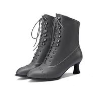 Women's Ankle Boots Mid Calf Boots Round Toe Black Boots Chunky Heel Lace Up Witch Boots for Ladies,Wedge Heel Boots for Women,Vintage Granny Boots Low Heel Boots with Zipper (WX3-Grey, 3.5)