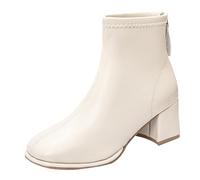 Womens Ankle Boots Mid Thick Block Heel Single Boots Square Toe Pu Leather Dress Boot Ladies Solid Color Short Booties Back Zipper Fashion Chelsea Boot Lightweight Party Shoes Outdoor