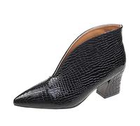 Womens Ankle Boots Patent Leather Split Pattern Slip-On Pointed Toe Retro Elegant Low Kitten Heel Breathable Lightweight Crocodile Printed Leather Boots Womens Non Slip Sole