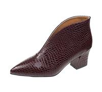 Womens Ankle Boots Patent Leather Split Pattern Slip-On Pointed Toe Retro Low Kitten Heel Breathable Lightweight Leather Boots