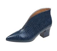 Womens Ankle Boots Patent Leather Split Pattern Slip-On Pointed Toe Retro Low Kitten Heel Breathable Lightweight Leather Boots, Blue 2, 5 UK