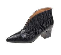 Womens Ankle Boots Patent Leather Split Pattern Slip-On Pointed Toe Retro Low Kitten Heel Breathable Lightweight Leather Boots, Black 2, 6 UK