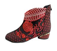 Womens Ankle Boots Pointed Toe Waterproof Ladies Chunky Low Block Heel Shoes Elegant Rhinestone Embroidered Walking Shoes Retro Comfort Short Boots Outdoor