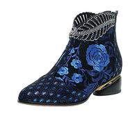 Womens Ankle Boots Pointed Toe Waterproof Ladies Chunky Low Block Heel Shoes Elegant Rhinestone Embroidered Walking Shoes Retro Comfort Short Boots Outdoor