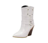 Womens Ankle Boots Retro Wide Fit Booties Low Chunky Heel Lightweight Ladies Booties Zip Up Ankle Shoes Western Boots Women White