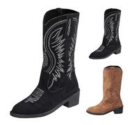 Women's Ankle Boots Suede Black Cowboy Boots Low Heel Cowboy Boots Fashionable Western Boots Lined Pointed Slip-On Boots Calf High Hiking Boots with Embroidery, black, 4 UK