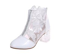 Womens Ankle Boots,Walking Boots Womens,Elegant Lace Floral Block Heel Non Slip Mesh Rhinestone Evening Party Bridal Shoes for Modern Wo Booties Shoes White