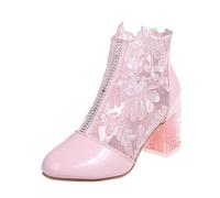 Womens Ankle Boots,Walking Boots Womens,Elegant Lace Floral Block Heel Non Slip Mesh Rhinestone Evening Party Bridal Shoes for Modern Wo Booties Shoes Pink