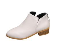 Women's Ankle Boots Waterproof Ankle Boots for Women UK Foreign Trade Pointed Rear Zipper Short Barrel Booties Large Size Leather Booties Solid Color Slimming Thick Heel Leather White