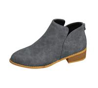 Women's Ankle Boots Waterproof Ankle Boots for Women UK Foreign Trade Pointed Rear Zipper Short Barrel Booties Large Size Leather Booties Solid Color Slimming Thick Heel Leather Grey