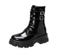 Women's Ankle Boots Waterproof Platform Black Gothic Chunky Heel Round Toe Booties for Women Slip On Combat Boots Wedge with Bat Wing Buckle Strap Lace Up Punk Motorcycle Booties Size 3.5-7.5