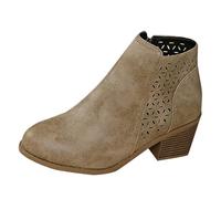 Womens Ankle Boots Wide Fit Ladies Comfortable Lightweight Leather Boots Side Zipper Openwork Pointed Toe Boot with Square Heels Fall Winter Classic Outdoor Slip On Walking Shoes Khaki