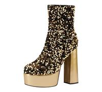 Women's Ankle Boots Winter Pattern Fashion Sequins Decoration Shiny Strong Heel Thick Platform Comfortable Shoes, gold, 5 UK