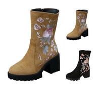 Womens Ankle Boots Winter Waterproof Faux Suede Leather Boot Side Zipper Warm Shoes Chunky Heeled Flower Embroidered Outdoor Boot Ladies Non Slip Trendy Mid Calf Walking Boots for Women UK
