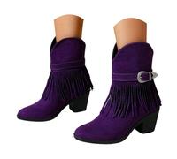 Women's Ankle Boots with Asymmetrical Cross Strap and Stacked Block Heel | Smooth-finish upper, round toe, short shaft, slip-on entry, buckle detail, low heel, office dressing and shopping trips