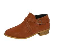 Women's Ankle Boots with Asymmetrical Cross Strap and Stacked Block Heel | Smooth-finish upper, round toe, short shaft, slip-on entry, buckle detail, low heel, office dressing and shopping trips