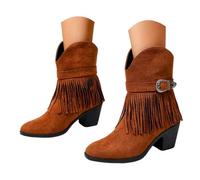 Women's Ankle Boots with Asymmetrical Cross Strap and Stacked Block Heel | Smooth-finish upper, round toe, short shaft, slip-on entry, buckle detail, low heel, office dressing and shopping trips