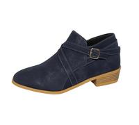 Women's Ankle Boots with Asymmetrical Cross Strap and Stacked Block Heel | Smooth-finish upper, round toe, short shaft, slip-on entry, buckle detail, low heel, office dressing and shopping trips