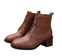 Women's Ankle Boots with Heel - Ankle High Lace-Up Boots with Side Zip Fashionable Short Boots Chunky Block Heel Leather Pin Women's Plain Retro Lace-Up Ankle Boots, brown, 6 UK